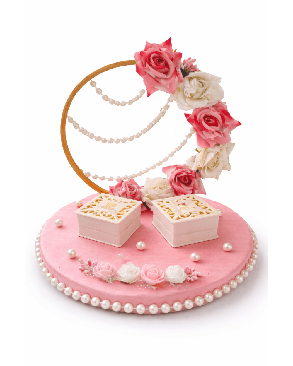 Luxury Wedding Ring Tray with Floral Hoop | Premium Engagement Ring Platter (Pink & Gold Pearl Design)